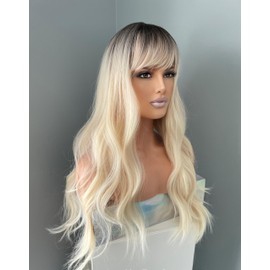 The Extension Room Long Wavy Blonde Wig with Bangs, Dark Roots, Heat Resistant Synthetic Hair, 20-Inch Natural-Looking Lightweight Adjustable Cap, Perfect for Daily Wear, Events and Cosplay