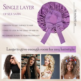 Drokenle Satin Bonnet Silk Bonnet for Sleeping Women Hair Night Sleep Cap Satin Bonnets with Tie Band Large Size Hair Cap for Thick Curly Hair Braid (Purple)