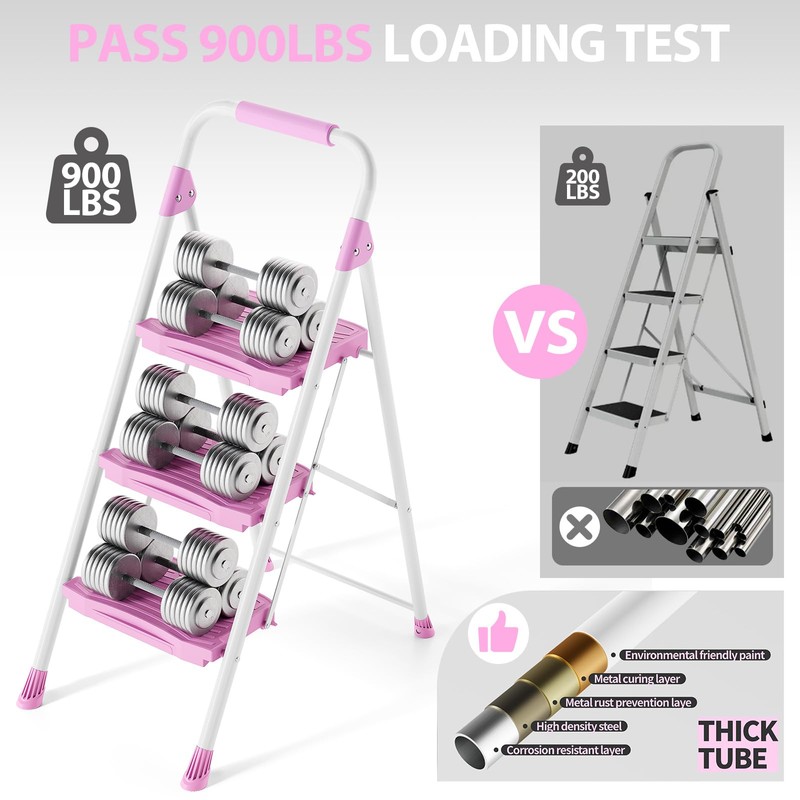 KINGRACK 3 Step Ladder, Sturdy Step Stool with Handrail, Anti-Slip