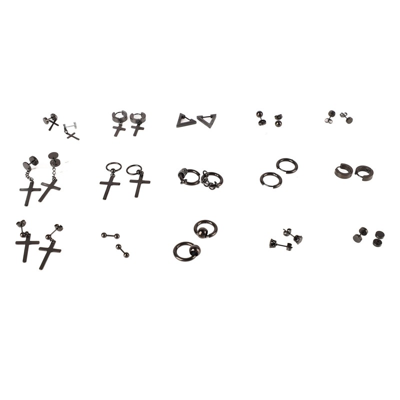 15 Pairs Earrings Set Black Stainless Steel Ear Studs Men