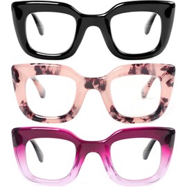 REAVEE 3 Pack Oprah Style Reading Glasses for Women Thick Frame, Blue Light Blocking Computer Stylish Cute Readers Cheaters with Spring Hinge, Black+Pink Leopard+Purple, 1.5