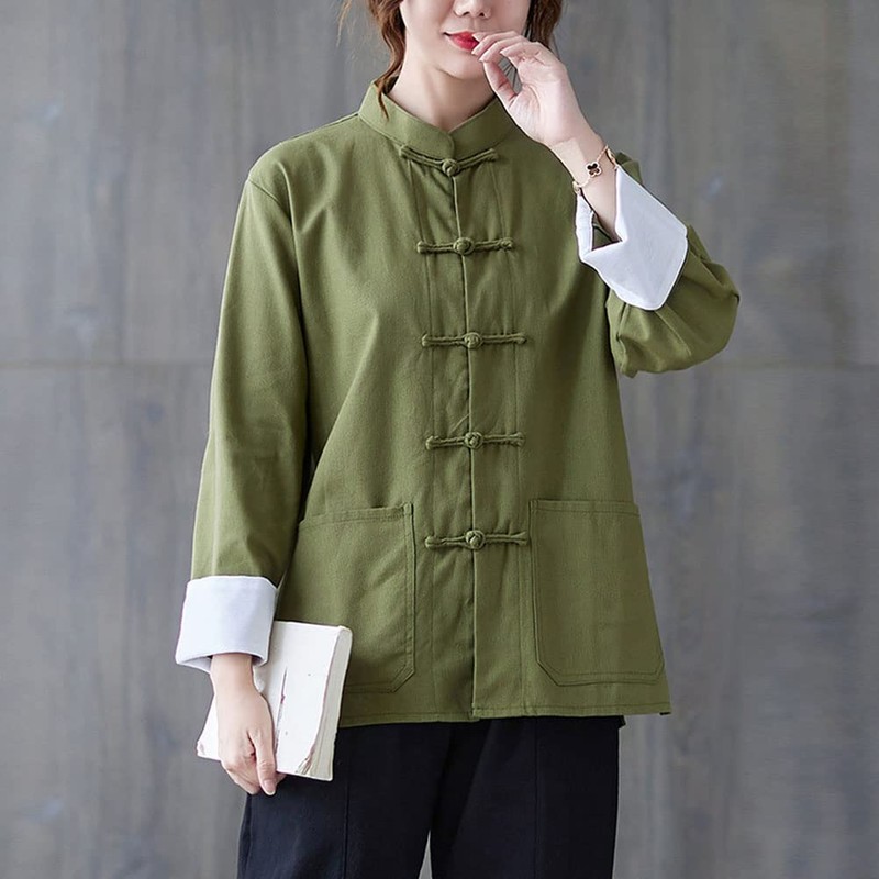 HHHH Women's Kung Fu Jacket Frog Button Mandarin Collar Loose