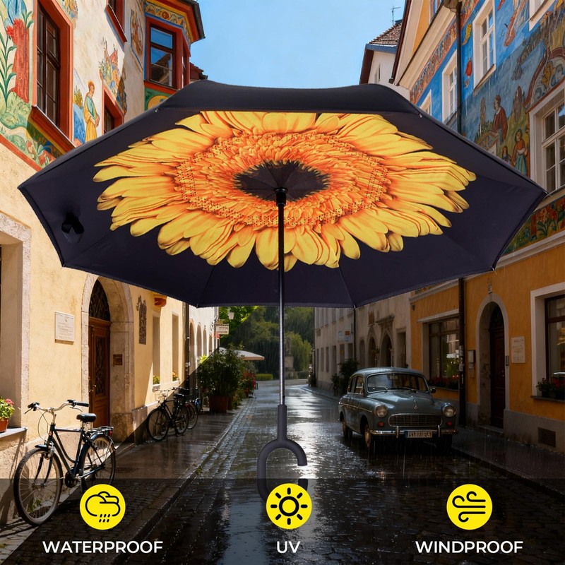 LLanxiry Inverted Umbrella, Windproof Reverse Umbrella with C‑Shaped Handle, Self-Standing,