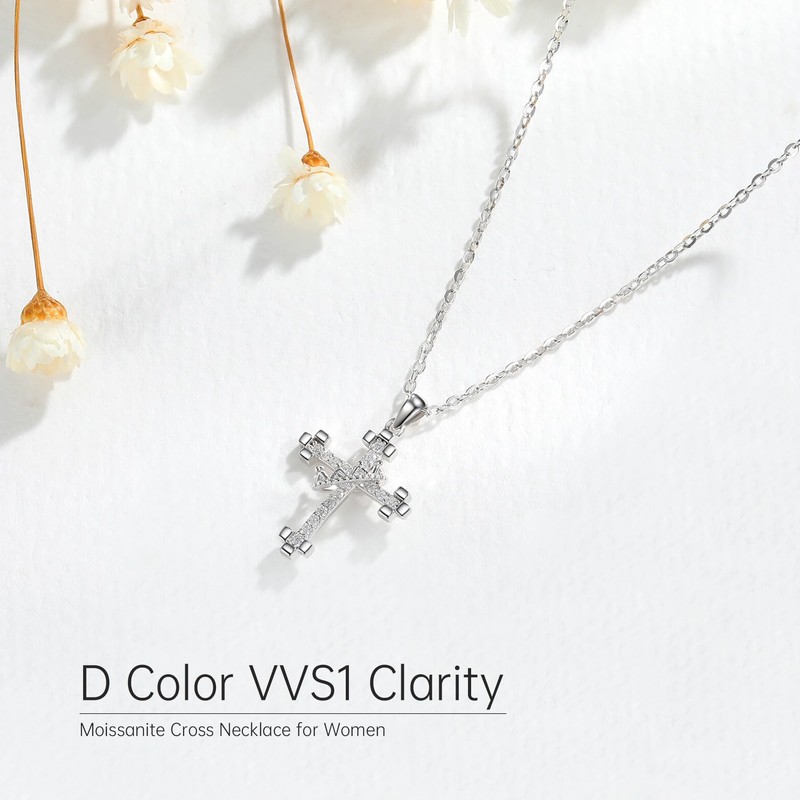 Moissanite Cross Necklace with Crown, 925 Sterling Silve Pendant for
