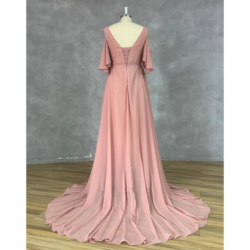 BIRENEROBE V Neck Maternity Wedding Dress Pleated Chiffon Long Formal
