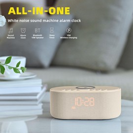 Odokee Sound Machine Alarm Clock for Bedrooms: Bluetooth 10W Stereo Speaker with Wireless Charging - White Noise Machine for Sleeping with 21 Soothing Sounds - Putty