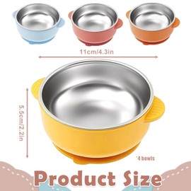 Yesmoyhe Stainless Steel Baby Plate with Suction Cup, 4 Pieces Stainless Steel Bowl for Toddlers, 2 in 1 Anti-scald Baby Bowls with Suction Cup, Stainless Steel, for Babies, Children, Toddlers