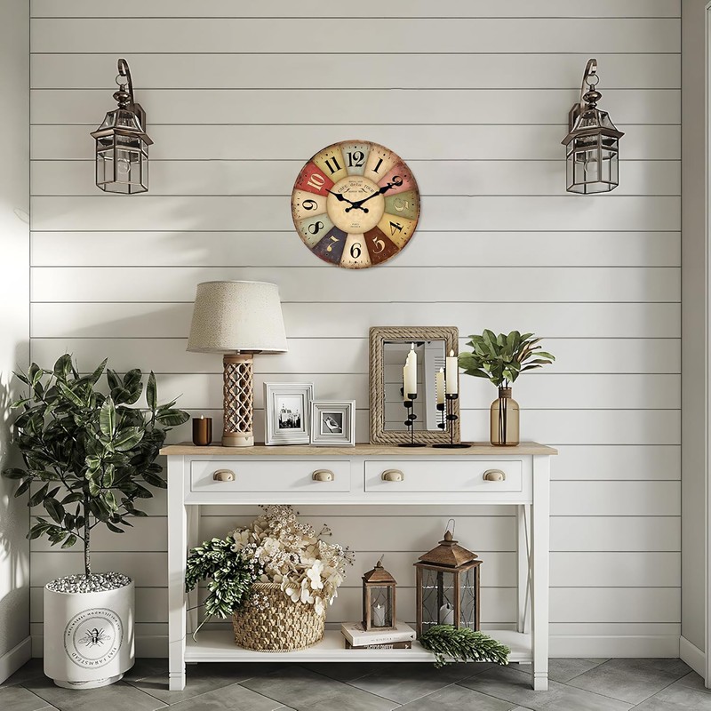 Constantplanet Farmhouse Wooden Wall Clocks Battery Operated 10 Inch