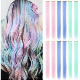 Rhyme 9 Pcs Colored Hair Extensions clip in Women Girls Hair Accessories Party Hightlight Multicolored Hairpieces (Light pink&Light green&Light blue)