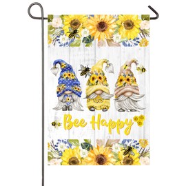 Bee Happy Spring Summer Garden Flag 12x18 Inch Bees Sunflower Gnomes Summer Yard Flag Farmhouse Decor Outdoor Seasonal Floral Yard Decoration