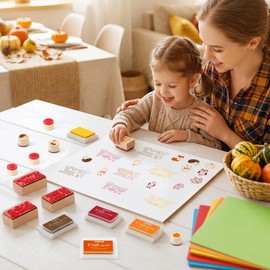 15Pcs Fall Wooden Rubber Stamps Set Autumn DIY Craft Card Ink Pads