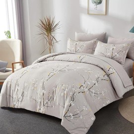 Double Size Grey Plum Flower Printed Duvet Cover Set bedding Set 3 pcs Soft Microfiber Botanical Branch Duvet Cover with 2 Pillowcases and Zipper Closure 200 x 200cm