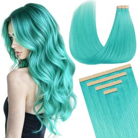 DOORES Hair Extensions Tape in Human Hair, Teal Green Tape in Hair Extensions, Tape in Hair Extensions Real Hair Extensions Straight, 25g 10pcs 16 Inch