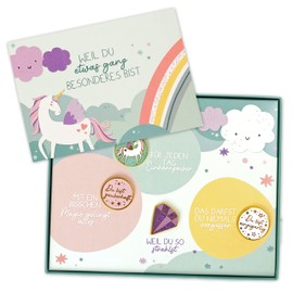 Papierdrachen Princess Gift Set - for Birthday or School - Party Bag in High-Quality Gift Box - Unicorn - with Motivational Pins for Children - Set 2