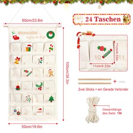 Shining She 2024 Advent Calendar for Filling Fabric, 100 x 50 cm Christmas Calendar for Filling, Reusable with 24 Pockets, Advent Calendar for Hanging, Hanging for Wall, Door, Christmas Decoration