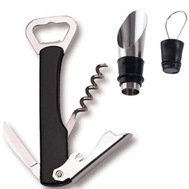 Corkscrew - Stainless Steel Bottle Opener Set + Pourer Cap - Kitchen Accessories Restaurants (Corkscrew Ass + Cap)