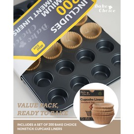 Bake Choice Mini Muffin Pan includes 200 Natural Mini Cupcake Liners, Mini Cupcake Pans Nonstick 24 Cup, Mini Muffin Tin, Carbon Steel Baking Supplies