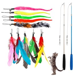Cat Fishing Rod Stable with Feathers, 1 Set Cat Toy Rod with Feathers, Kitten Wand Toy with 2 Retractable Cat Fishing Rod and 10 Replacement Bells for Cats and Cats