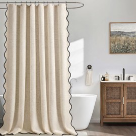 XOGUIBO - Cortina de ducha festoneada de lino beige, modernas, para baño, 72 pulgadas de ancho x 84 pulgadas de largo