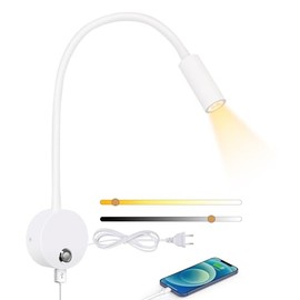 ERWEY ERWEY Leselampe Wandmontage, Wandlampe mit Schalter Touch Dimmbar 3000K-6000K und USB-Ladeanschluss, 360 Schwenkbar Schwanenhals Lampe Bettlampe mit Stecker und Kabel fr Schlafzimmer