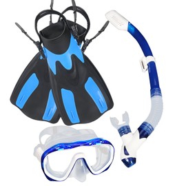 mtsugar Short Fin Dive Snorkel Large Frame Mask Set with Dry Snorkeling Gear Bag Diving Mask Anti Fog Fit Myopia Lens Swim Pool Equipment Underwater Diving Mask Swim Mask (Blue, Small)