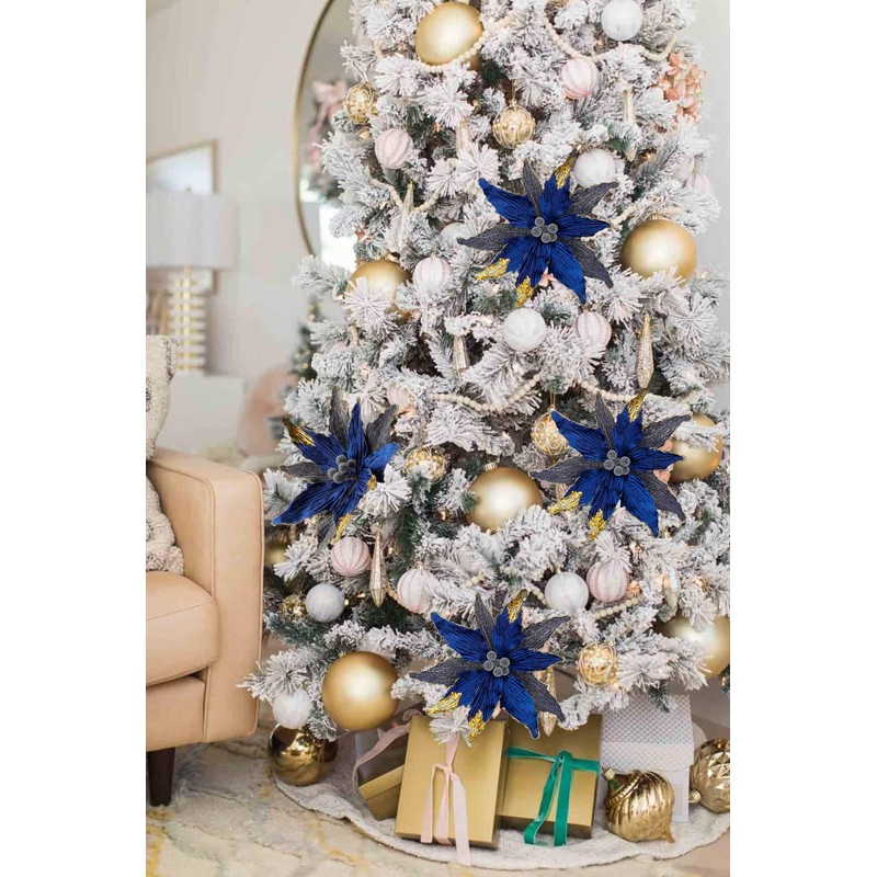 Briful 4 PCS 12" Glitter Poinsettia Blue Artificial Flowers Stem