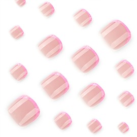 Pink Glitter French Tip Toe Press on Nails Short Square Fake Toenails Glossy Artificial Toenails Full Cover Toe Nails for Women