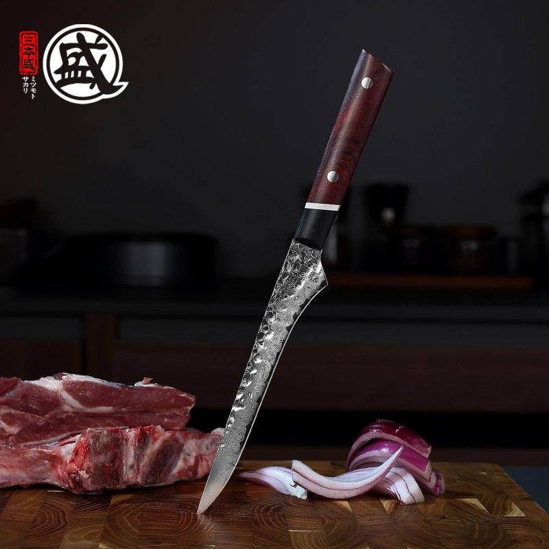 MITSUMOTO SAKARI Japanese Boning Knife, Hand-Forged Damascus Kitchen Knives