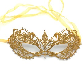 Masquerade Mask with White Shiny Rhinestones, for Women Lady, Christmas Cosplay Venetian Party Prom Ball - Yellow
