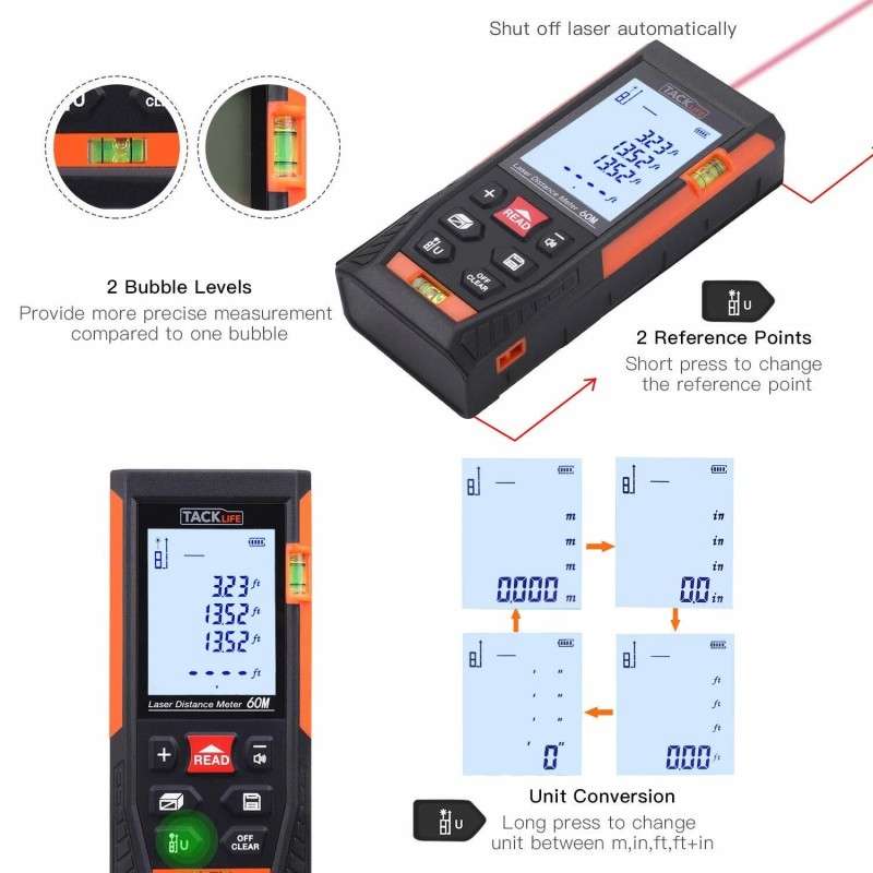 Tacklife HD60 Classic Laser Measure 196Ft M/In/Ft Mute Laser Distance