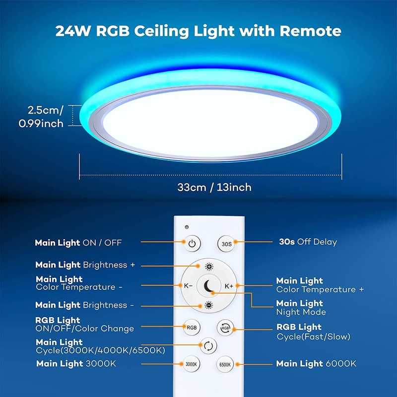 BLNAN RGB Led Flush Mount Ceiling Light with Remote Control,
