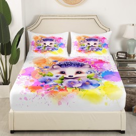 Cartoon Hedgehog Kids Fitted Sheet Full Size,Watercolor Tie-dye Boho Exotic Bedding Set,Boys Girls Adults Room Decor,Wild Animals Flowers Romantic Bed Cover,Cute Bed Sheet,2 Pillowcases