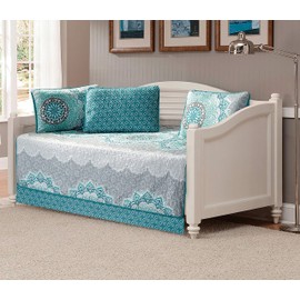 Mk Home 5pc Daybed Set Quilted Bedspread Coverlet New (Medallion Aqua Turquoise Coastal Plain Grey Green White)