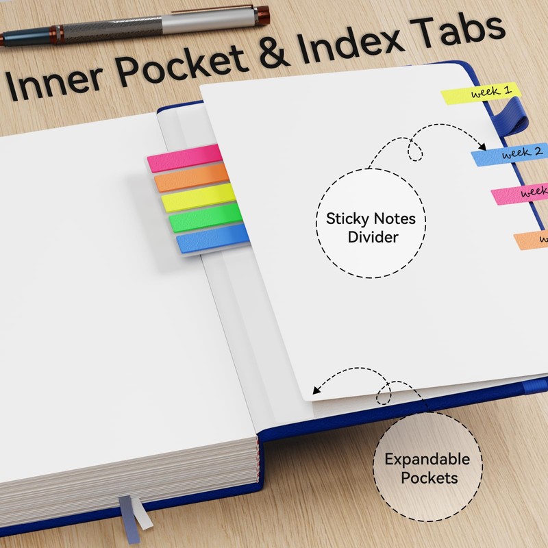 NORDUN B5 366 Pages Lined Notebook,Leather Hardcover with Sticky Notes&Inner