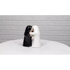 Ebros Gift Black And White Dressed Dancing Nuns Cute Ceramic Salt & Pepper Shakers Set
