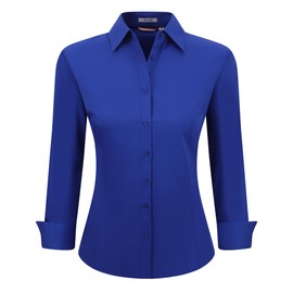 Womens Button Down Shirts Long Sleeve Regular Fit Basic Simple Stretch Work Blouse Royal Blue XXL