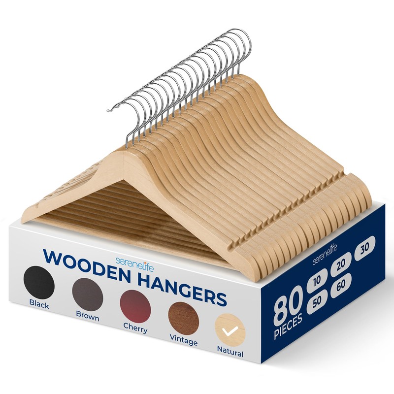 SereneLife 80-Piece Solid Wooden Hangers Set for Clothes – Heavy