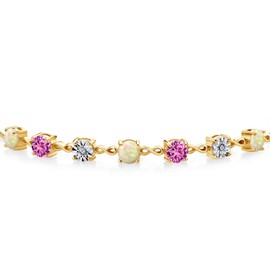 Gem Stone King 2.01 Ct Round Cabochon White Ethiopian Opal Pink Created Sapphire 18K Yellow Gold Plated Silver Lab Grown Diamond Tennis Bracelet For Women (Fully Adjustable Up to 9 Inch)