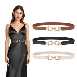 flintronic Women's Thin Elastic Belt, Elastic Waist Belt, Women's Thin Elastic Waist Belt, Stretch Waist Belt with Golden Buckle, Slim Waist Belt, Thin Belt, Black+Camel+White(for waist size 26-39