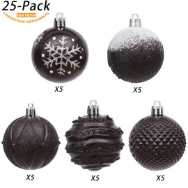 Sea Team 25-Pack Christmas Ball Ornaments with Strings, 60mm/2.36-Inch Medium Size Baubles, Shatterproof Plastic Christmas Bulbs, Hanging Decorations for Xmas Tree, Holiday, Wedding, Party, Black