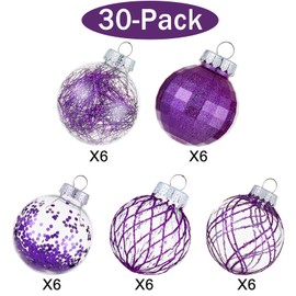 30ct Christmas Ball Ornaments-60mm/2.36" Shatterproof Clear Plastic Xmas Balls Baubles Set with Stuffed Delicate Sparkling, Hanging Christmas Tree Decorations (Purple)