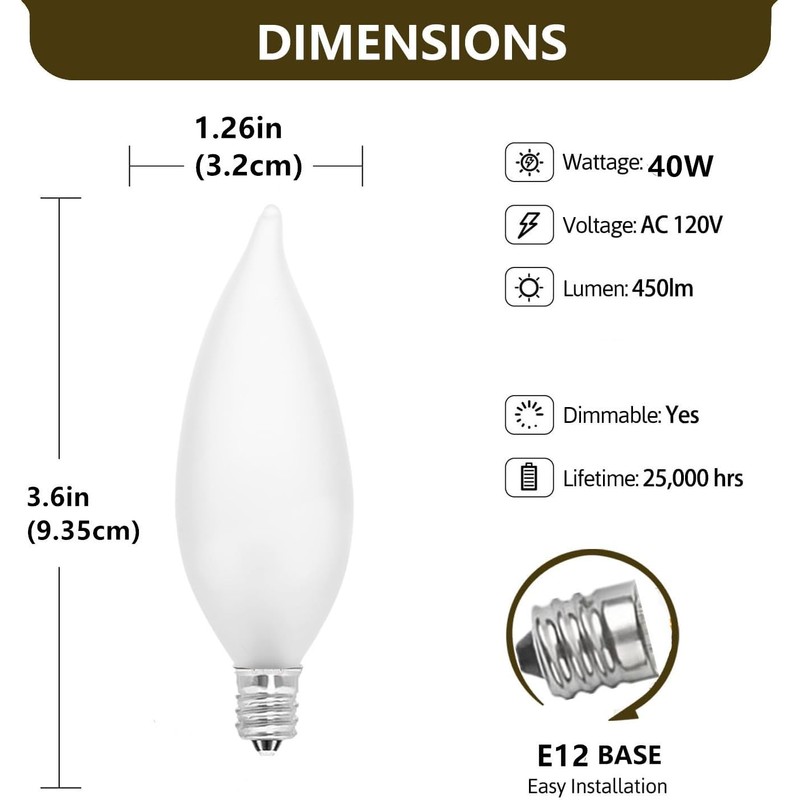 MMBGJKG Frosted Flame Tip Chandelier Light Bulb，e12 Candelabra Bulb 40