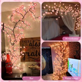 FIALAME 7.55 FT 144 LED Cherry Blossom Tree Branch Lights for Wall,8 Modes Artificial Pink Cherry Blossom Garland with Remote and Timer,Willow Vine Lights for Bedroom,Sakura Wall Decor