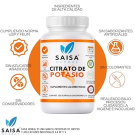 SAISA HERBAL Citrato de Potasio 100% Puro, 120 Cápsulas | Suplemento Alimenticio Natural | Alta Absorción | Bienestar General | Sin Sabor