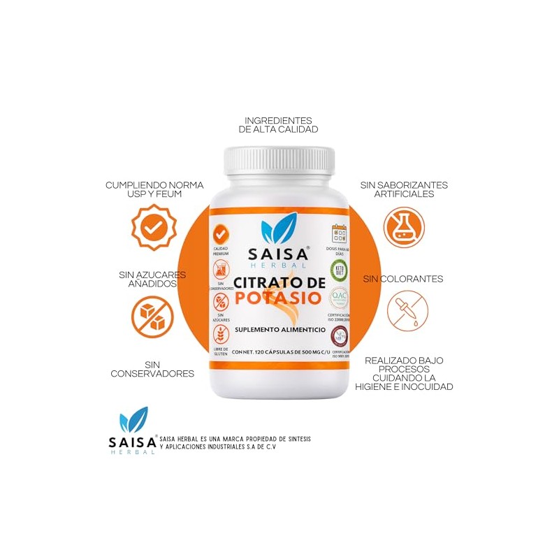 SAISA HERBAL Citrato de Potasio 100% Puro, 120 Cápsulas |