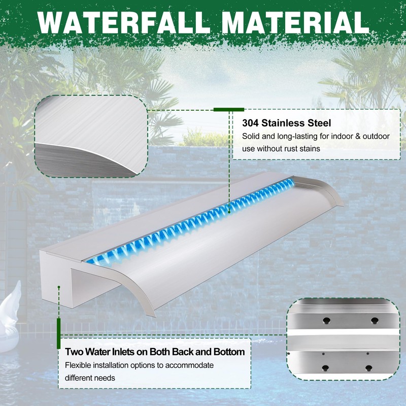 Waterfall Pool Fountain, LONGRUN Stainless Steel Waterfall Spillway for Pools