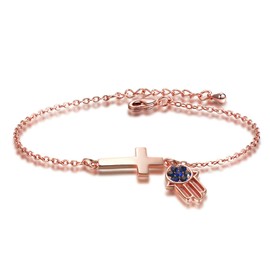 LSxAB Rose Gold Evil Eye Charm Cross Bracelet for Women Amulet Good Luck Protection Adjustable Bracelets for Sister Best Friend