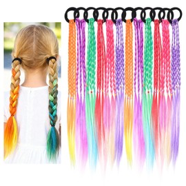 Colored Hair Extensions for Kids, Colored Hair Braids Extensions Braided Ponytail Synthetic Hairpieces,12Pcs Crazy Hair Day Accessories hair tie for Party Cosplay Dress Up