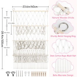 iHansee 3 Tier Stuffed Animal Storage Shelf Net, 24x39 Inch Large Plushie Net w/LED Light & Clips for Mini Medium Stuffy Teddy, Beige Boho Macrame Wall Toy Holder Display for Nursery Kids Girls Boys