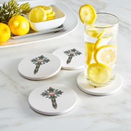 Grace & Truth Decorative Round Coaster for Drinks 4 Inch Absorbent Ceramic with Non-Scratch Cork Backing Southwestern Cross Set of 4